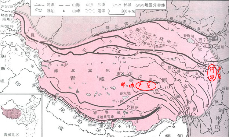 阿坝和那曲在青藏高原上的位置地图